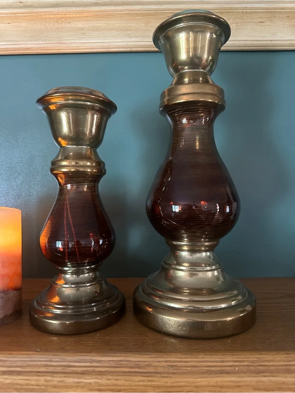 Brass and Amber Glass Candle Holders with Brown Gradient Pillar LED Candles